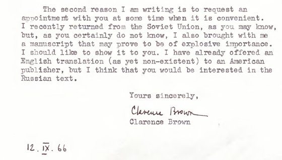 Dopis z roku 1966, v němž americký slavista Clarence Brown nabízí šéfredaktorovi časopisu Novyj žurnal Romanu Gulovi k otištění rukopis Šalamovových Kolymských povídek. Zdroj: The Journal New Review Records. Amherst Center for Russian Culture